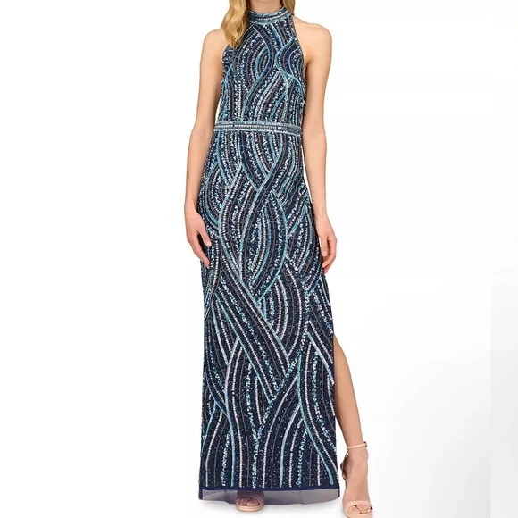 Aidan Mattox Fully Beaded Gown, 8 / Blue Aidan Mattox Fully Beaded Gown, 8 / Blue